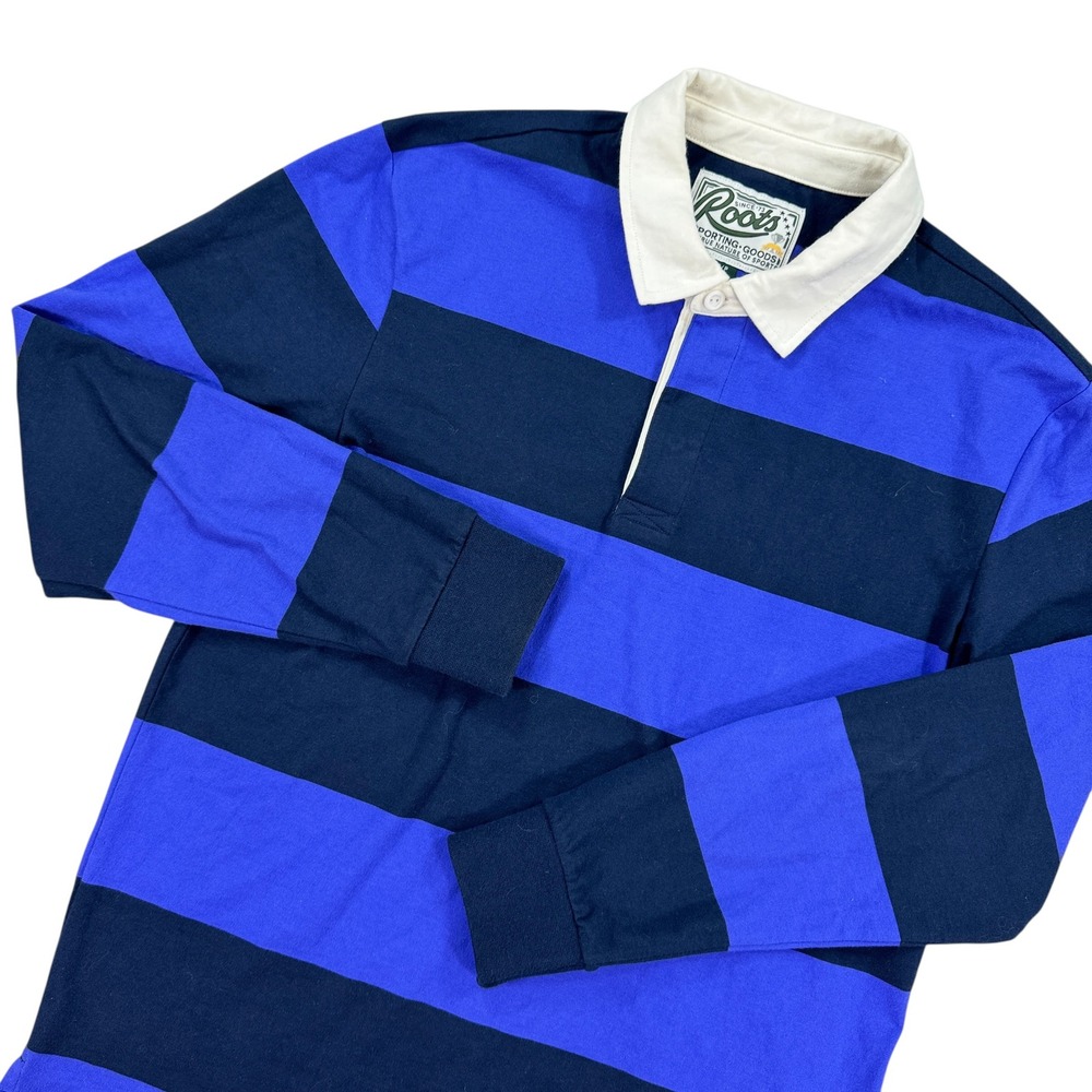 Roots Men's Blue and Navy Striped Rugby Polo with White Collar